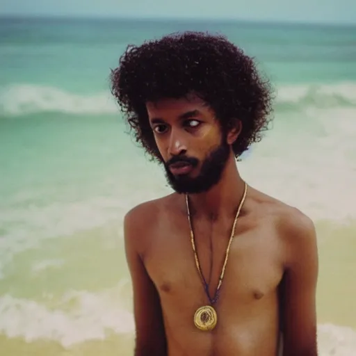 Image similar to somali male, curly hair, portrait, vintage, water, on beach, nostalgic, nature, dreamy, pastel, studio ghibli, thoughtful, wise, intricate details, shot in 1 9 8 0 s