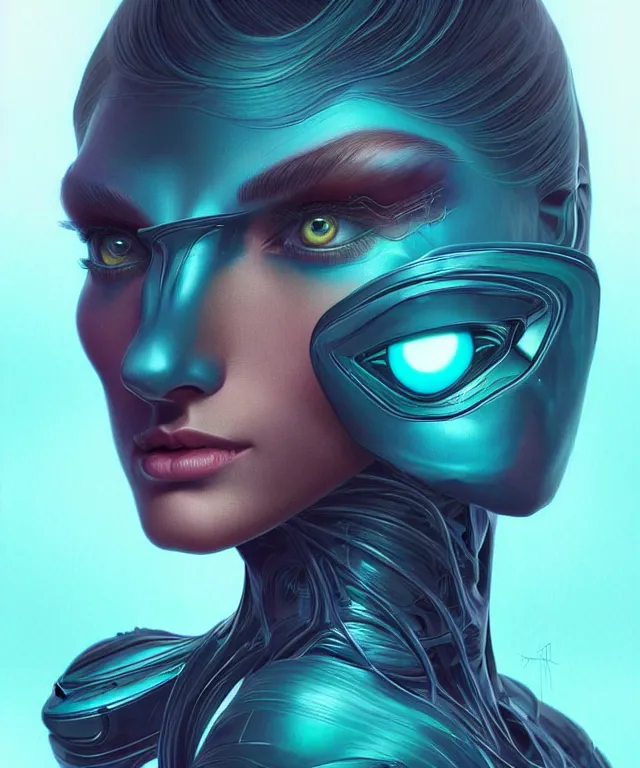 Image similar to Supermodel woman turning into an Android portrait, dark surrealism , scifi, intricate, elegant, highly detailed, teal neon glowing eyes, digital painting, artstation, concept art, smooth, sharp focus, illustration, art by artgerm and moebius and alphonse mucha