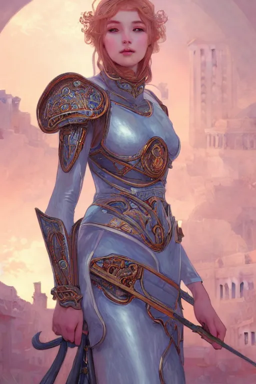 Image similar to portrait young knights of Zodiac girl, rose golden and ice blue armor, in ruined Agora of Athens Sunrise, ssci-fi and fantasy, intricate and very beautiful and elegant, highly detailed, digital painting, artstation, concept art, smooth and sharp focus, illustration, art by tian zi and WLOP and alphonse mucha