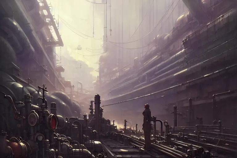 Image similar to dieselpunk, lots of pipes, monitors, machines, painted by greg rutkowski makoto shinkai takashi takeuchi studio ghibli, akihiko yoshida