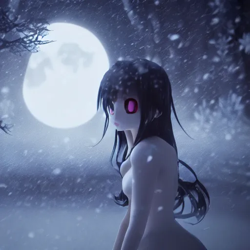 Prompt: full shot of angry darkness beautiful anime girl at moonlight, snowing, inspired by Tim Burton, detailed, unreal engine 4k volumetric light, fog,