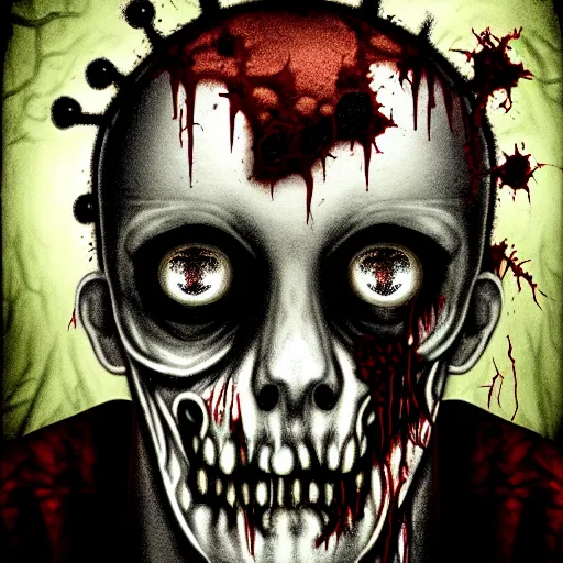 Image similar to asymmetrical zombie king portrait, fallen, decay, lost, depressed, borderline, schizophrenia, realistic