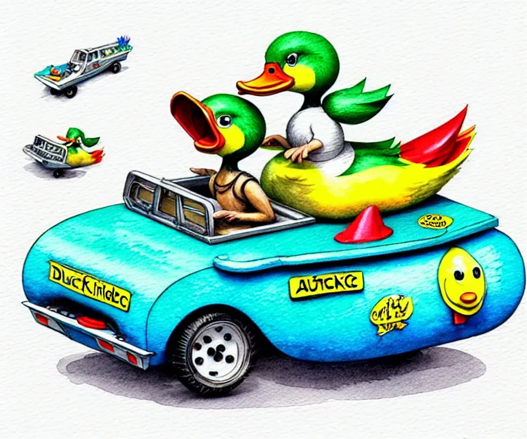 Image similar to cute and funny, duck riding in a tiny amphibious boat with wheels, ratfink style by ed roth, centered award winning watercolor pen illustration, isometric illustration by chihiro iwasaki, edited by craola, tiny details by artgerm and watercolor girl, symmetrically isometrically centered