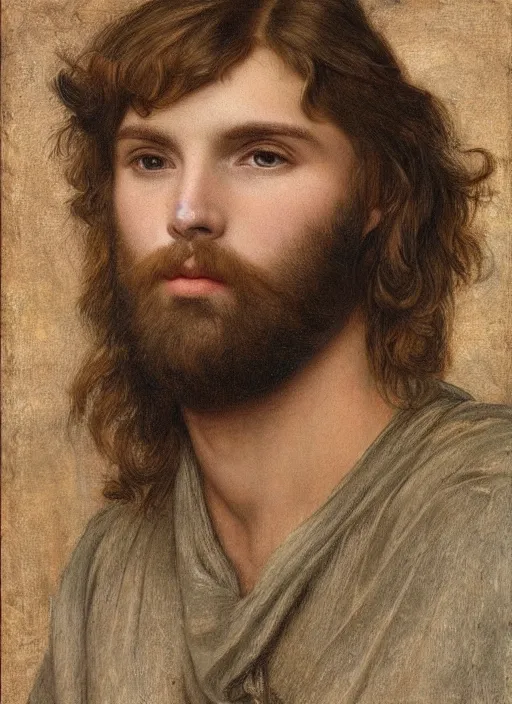 Prompt: Pre-Raphaelite young beautiful muscular brown-haired bearded muscular male