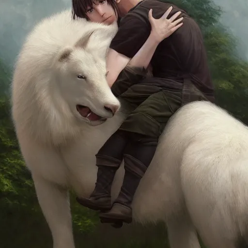 Image similar to a person hugging!!! a large white animal, a detailed painting by krenz cushart, pixiv contest winner, fantasy art, official art, detailed painting, pixiv. highly detailed. 4 k masterpiece. unreal engine. photorealistic. realism. cinematic. photorealism. wideshot