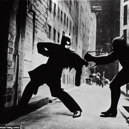 Image similar to old black and white photo, 1 9 2 5, depicting batman fighting a al capone in an alley of new york city, rule of thirds, historical record