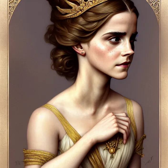 Image similar to ancient queen elegant naive emma watson, symetrical, diffuse lighting, fantasy, intricate, elegant, highly detailed, lifelike, photorealistic, digital painting, artstation, illustration, concept art, 4 k, smooth, sharp focus, art by john collier and albert aublet and krenz cushart and artem demura and alphonse mucha