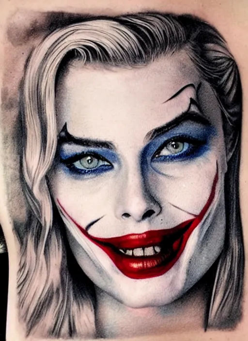 Image similar to tattoo design of beautiful margot robbie with slight joker makeup, holding an ace card, slight smile, in the style of den yakovlev, realistic face, black and white, realism tattoo, hyper realistic, highly detailed