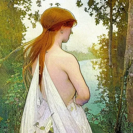 Image similar to a beautiful painting of the back view of a young lady in white dress washing her long hair by the river in a grown forest, sunlight reflected on the river, by Mucha and Moebius