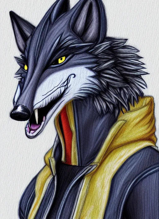 Image similar to expressive stylized master furry artist digital colored pencil painting full body portrait character study of the sergal wolf small head fursona animal person wearing clothes jacket and jeans by master furry artist blotch