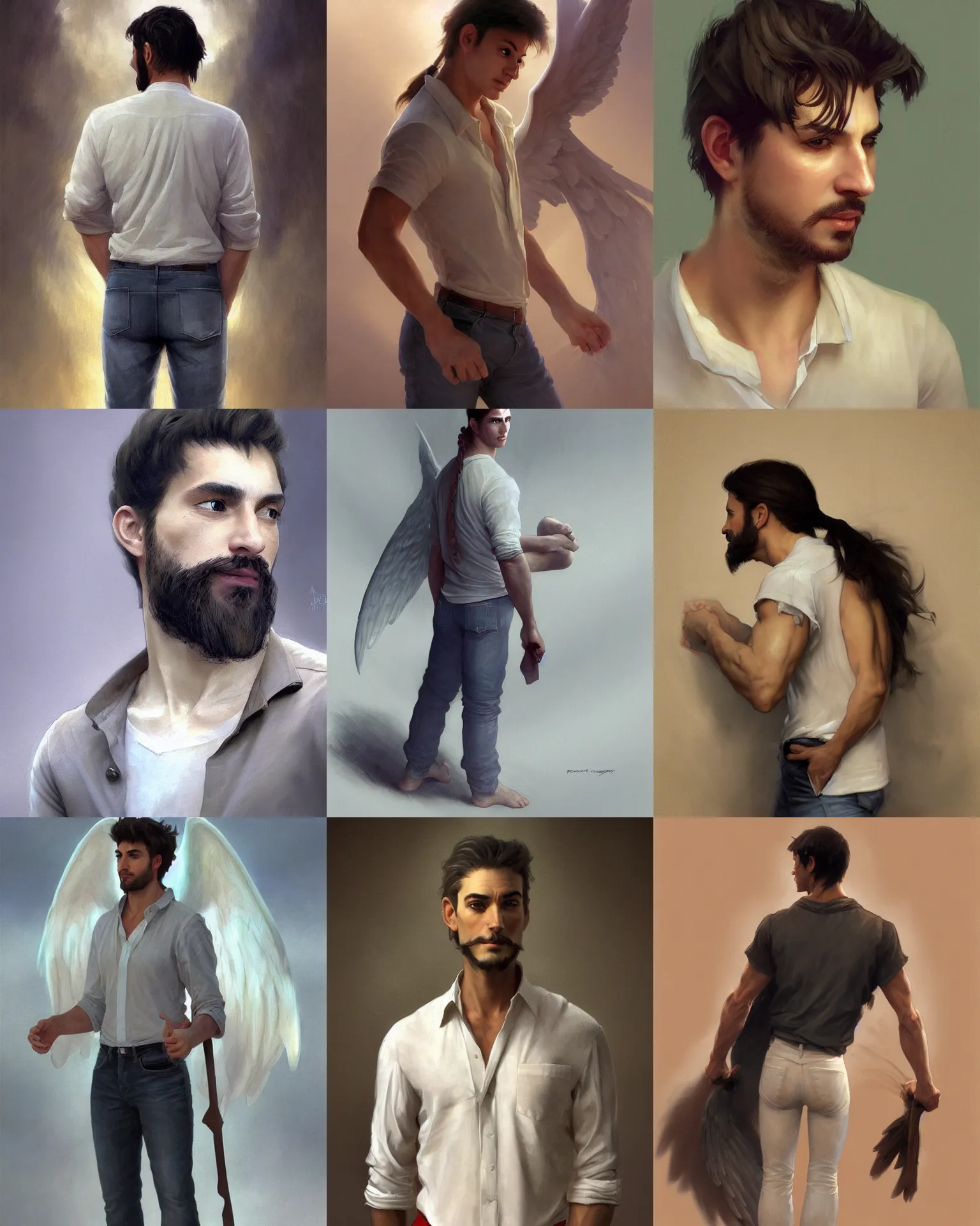 Prompt: handsome male angel, Middle-Western ethnicity. Clean-shaven, hair in a ponytail. Shirt, jeans and barefoot. Distant full-body view. Digital painting, concept art, smooth, sharp focus, illustration, by Ruan Jia and Mandy Jurgens and Artgerm and William-Adolphe Bouguereau