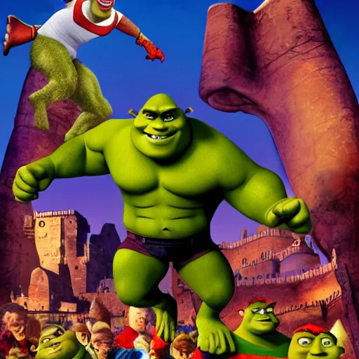 Prompt: muscular shrek beating avenger movie poster