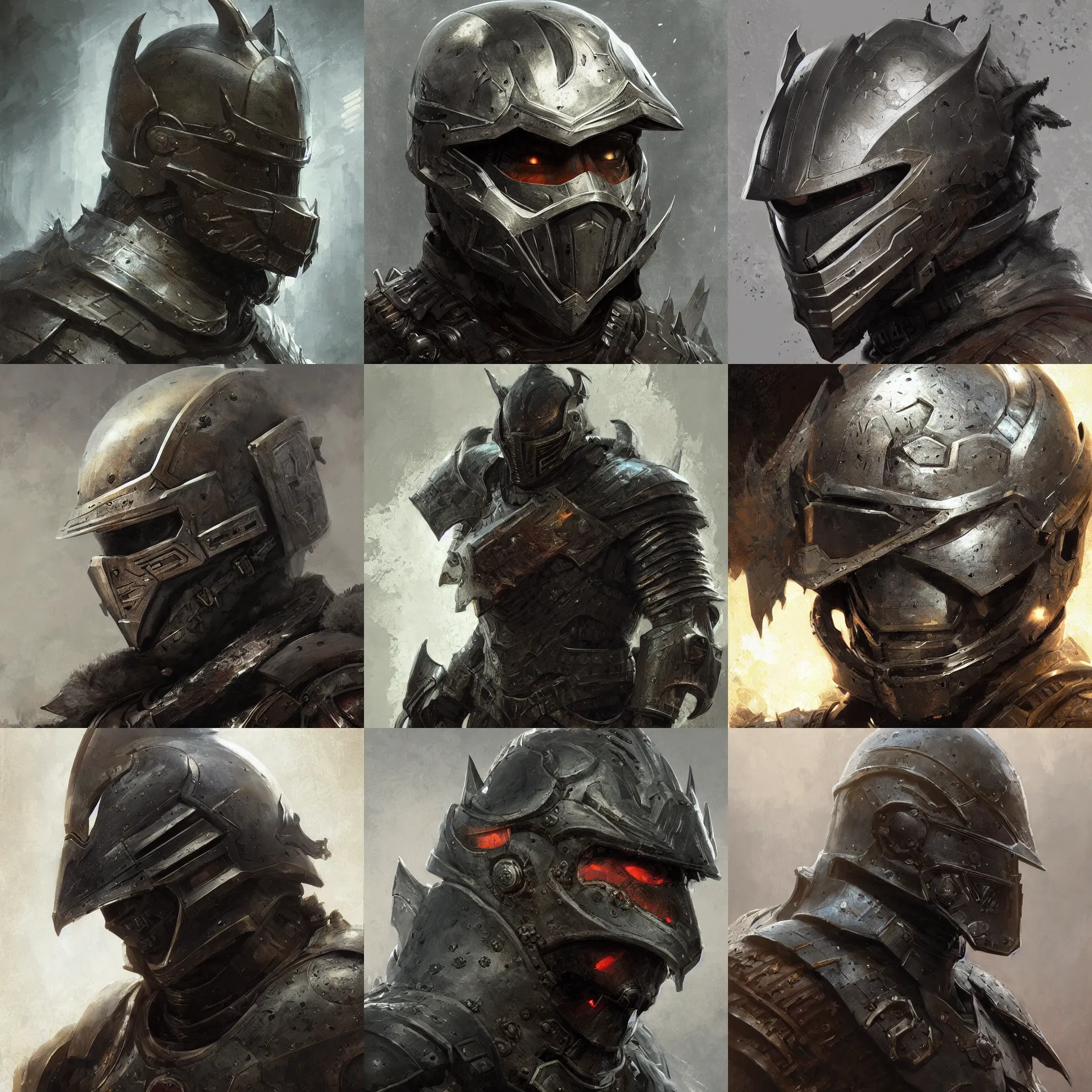 Prompt: digital art painting super detailed dark armored man, wolf head looking helmet, dark souls style dnd portrait painted by craig mullins and gaston bussiere and greg rutkowski, symmetrical face, defined facial features, symmetrical facial features, dramatic lighting