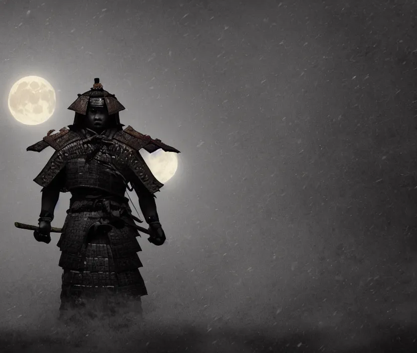 Prompt: 'a samurai! haunted by souls and ghosts with a big full moon on background , gloomy and foggy atmosphere, octane render, artstation trending, horror scene, highly detailded'