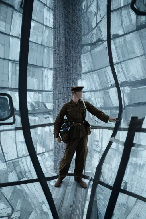 Image similar to kodak portra 5 0 mm f 4 full body portrait photography of a wwii airborne infantry soldier who's a mix of gillian anderson and adam driver, looking exhausted, setting is inside a sci fi megastructure tower looking out a window, photo by erwin olaf