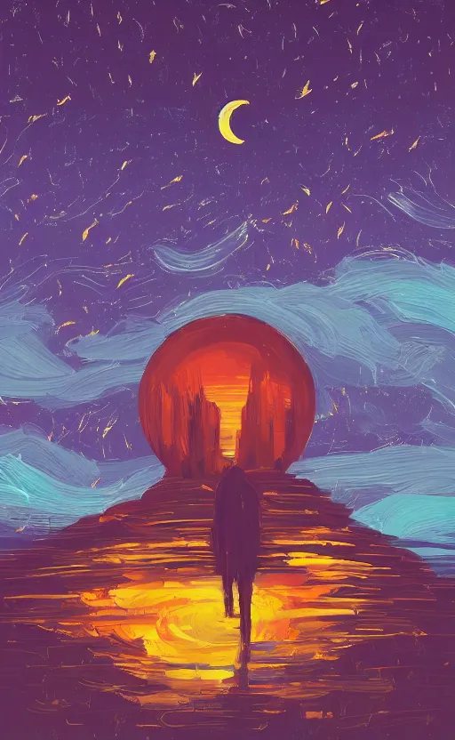 Image similar to a beautiful illustration of the sun king at night, art of alena aenami, featured on artstation, vertical orientation, paint brush strokes, expressionism, brushstroke - laden, breathtaking clouds, birds, ocean, beautiful stars, long exposure, big moon radius, airy midnight theme, blue purple gradient, lens flare