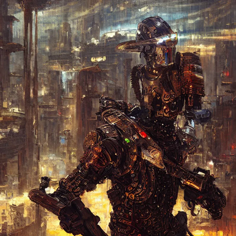Prompt: a glitched oil painting of a cybernetic cowboy/knight duelwielding a revolver and longsword in the style of cyberpunk in the style of high fantasy art detailed realistic High Resolution HD 8k