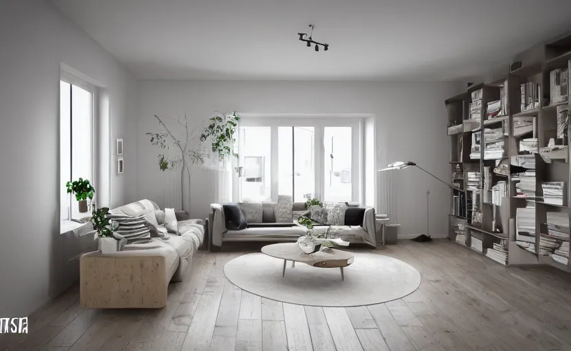 Image similar to modern scandinavian living room, bright, light wood, clean, cozy, 3 d render