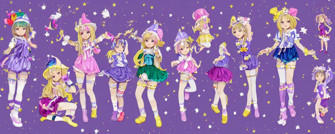 Image similar to A character sheet of full body cute magical girls with short blond hair wearing an oversized purple Beret, Purple overall shorts, Short Puffy pants made of silk, pointy jester shoes, a big billowy scarf, Golden Ribbon, and white leggings. Covered in stars. Short Hair. Decora Rainbow accessories all over. Gold Ribbon. Flowing fabric. Ruffles and lace. Intricate, elegant, Highly Detailed. Smooth, Illustration Photo real. realistic. Hyper Realistic. Sunlit. Moonlight. Surrounded by clouds. 4K. UHD. Denoise. Art by william-adolphe bouguereau and Paul Delaroche and Alexandre Cabanel and Lawrence Alma-Tadema and WLOP and Artgerm. baroque painting.