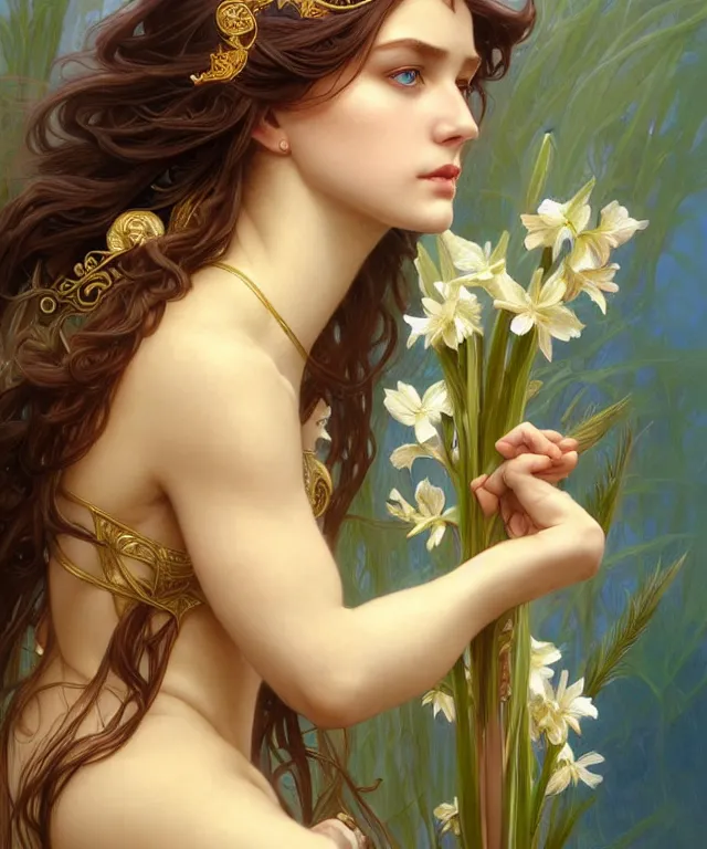 Image similar to young goddess with gladioli, portrait, blue eyes, beautiful face, long hair, head in focus, fantasy, ornamental, intricate, elegant, sensual, highly detailed, digital painting, artstation, concept art, smooth, golden ratio, sharp focus, illustration, art by artgerm and Greg Rutkowski and Alphonse Mucha and Karol Bak