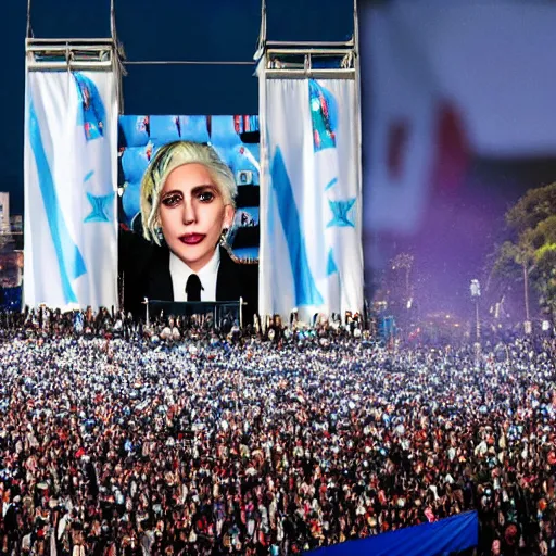 Image similar to Lady Gaga as president, Argentina presidential rally, Argentine flags behind, bokeh, giving a speech, detailed face, Argentina