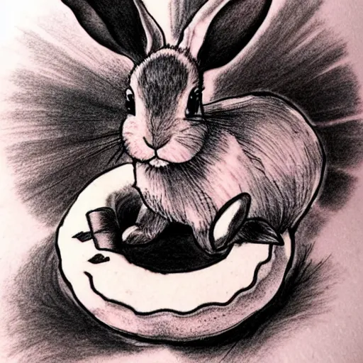 Prompt: a tattoo sketch of a rabbit eating a donut