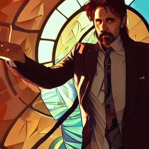 Image similar to Viggo Mortensen as Tony Stark, ambient lighting, 4k, alphonse mucha, lois van baarle, ilya kuvshinov, rossdraws, artstation