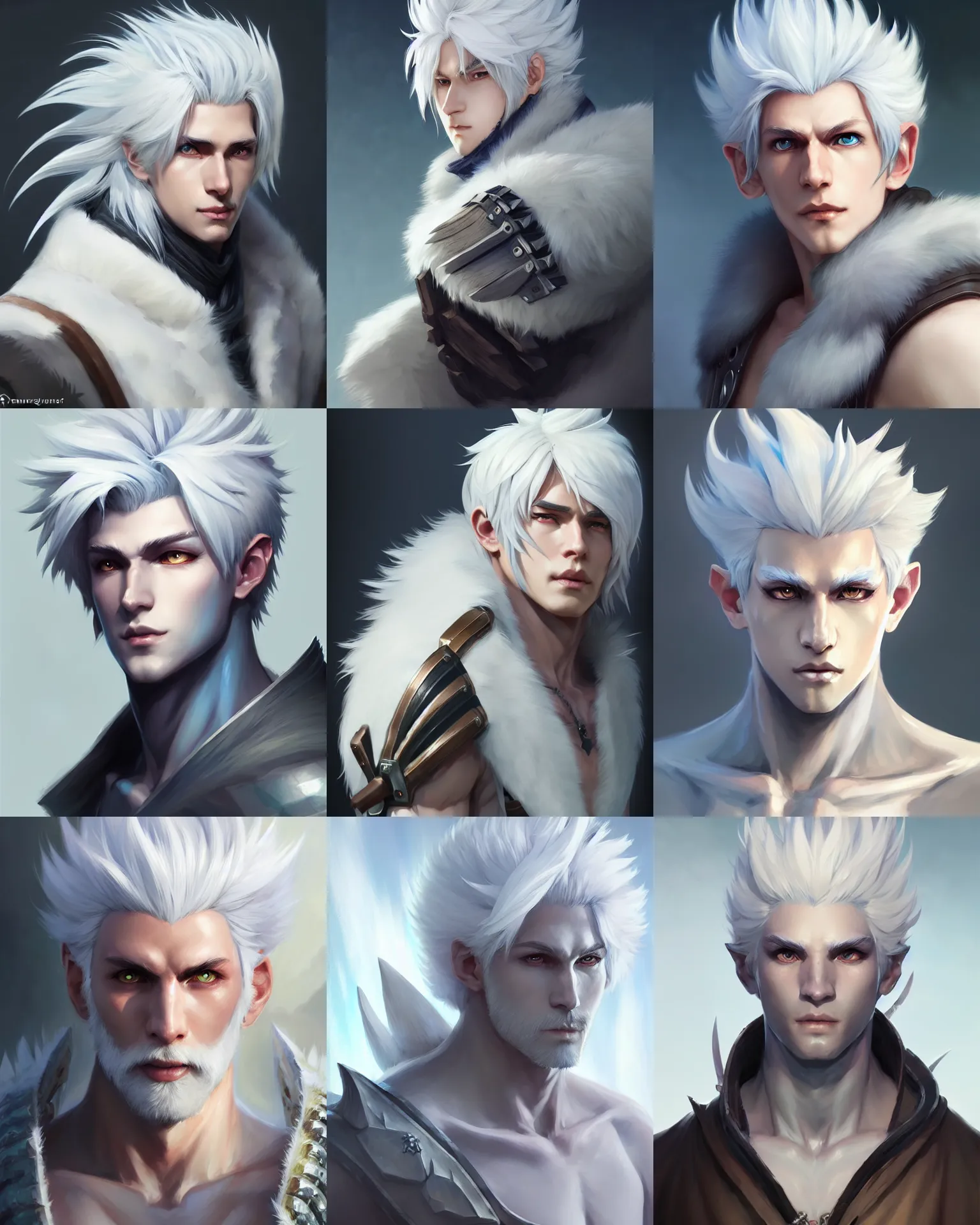 Prompt: character concept art of a gorgeous white haired male monster hunter | | distinct - fine, key visual, realistic shaded perfect face, fine details by stanley artgerm lau, wlop, rossdraws, james jean, andrei riabovitchev, marc simonetti, sakimichan, and jakub rebelka, trending on artstation