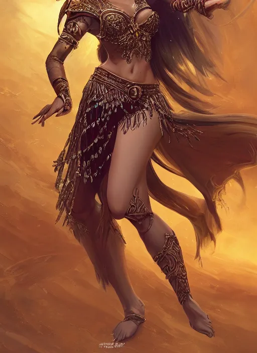 Image similar to a highly detailed illustration of an elegant elf arabian dancer, gracefully belly dancing pose, waving arms, high fantasy, intricate, elegant, highly detailed, centered, digital painting, artstation, concept art, smooth, sharp focus, league of legends concept art, WLOP