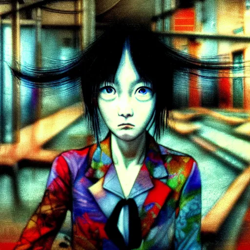 Image similar to yoshitaka amano blurred and dreamy three quarter angle portrait of a young woman with white hair and black eyes wearing dress suit with tie, playstation 2 horror game, junji ito abstract patterns in the background, satoshi kon anime, chungking express color palette, noisy film grain effect, highly detailed, renaissance oil painting, weird portrait angle, blurred lost edges