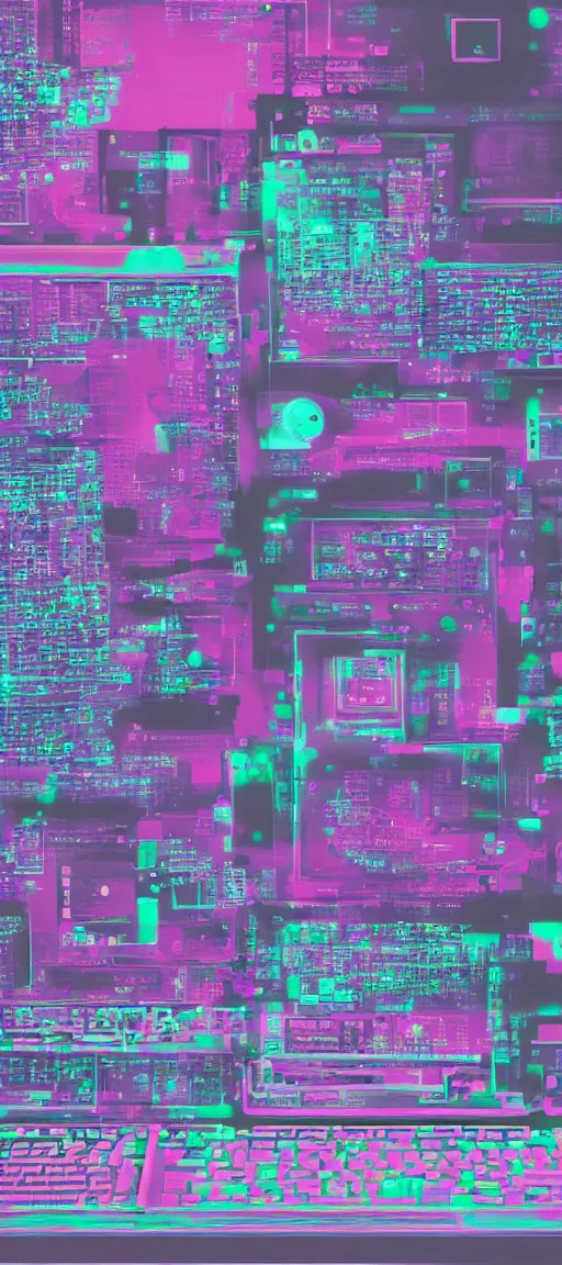 Prompt: a computer assembly diagram, detailed, aesthetic, vaporwave colors, faded effect,