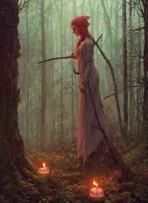 Image similar to a hyper realistic witch shrine, candles, in the woods, distant explosions, gorgeous lighting, lush forest foliage, painting by chiara bautista and tom bagshaw, mucha, beksinski and norman rockwell and greg rutkowski weta studio, and lucasfilm