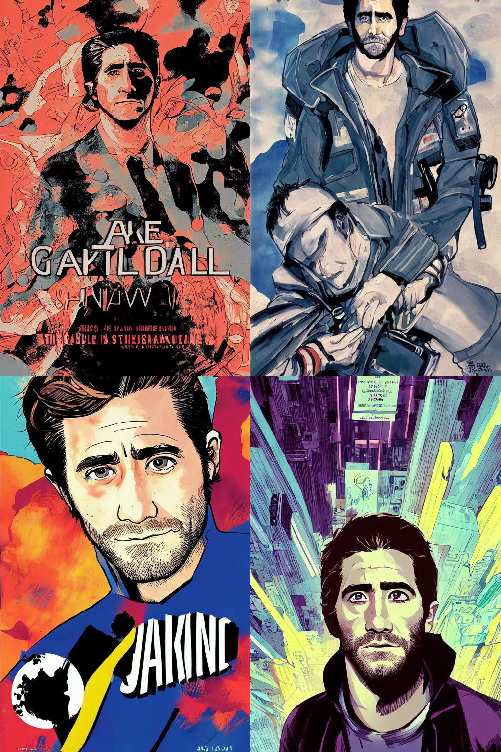 Prompt: jake gyllenhaal graphic novel cover art, yoji shinakawa, studio gainax