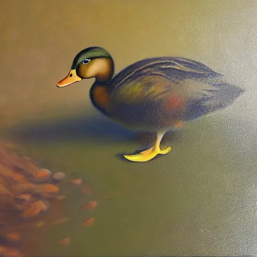 Prompt: a duck on the prowl oil painting nelson shanks