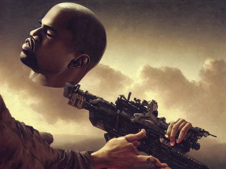 Image similar to a detailed profile illustration of kanye west pointing a gun to pete davidson, bounty hunter portrait symmetrica, aurora lighting clouds and stars by beksinski carl spitzweg and tuomas korpi. intricate artwork by caravaggio. Trending on artstation. 8k