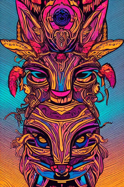 Image similar to animal mask totem roots flower tribal feather gemstone plant wood rock shaman vodoo video game vector cutout illustration vivid multicolor borderlands comics by josan gonzales and dan mumford radiating a glowing aura