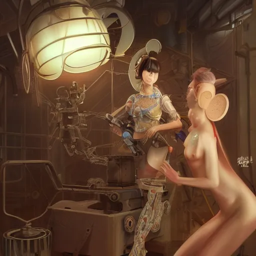 Prompt: hyperrealistic photography of a machine entering a beautiful venus female host in the style of jin kagetsu, james jean and wlop, highly detailed, sharp focus, intricate concept art, digital painting, ambient lighting, 4 k, artstation