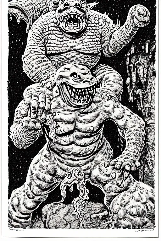 Prompt: slimer as a d & d monster, full body, pen - and - ink illustration, etching, by russ nicholson, david a trampier, larry elmore, 1 9 8 1, hq scan, intricate details, inside stylized border