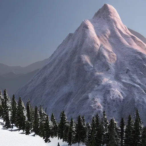 Prompt: A beautiful, snow-covered mountain, with a majestic peak, surrounded by evergreen trees, and a cold, clear sky overhead, trending on artstation, artstationHD, artstationHQ, photorealistic imagery, 3D art, 4k, 8k