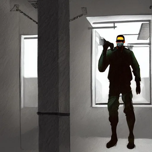 Image similar to high depth, published concept art, halflife 3 gordon freeman standing tall with soft lighting