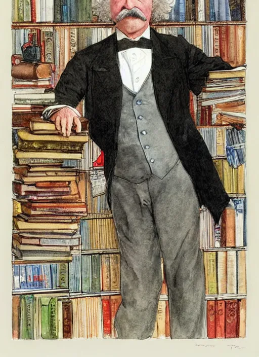 Prompt: realistic portrait of mark twain surrounded by a frame of books, art by harvey dunn and howard pyle and walter crane, illustration, watercolor art,