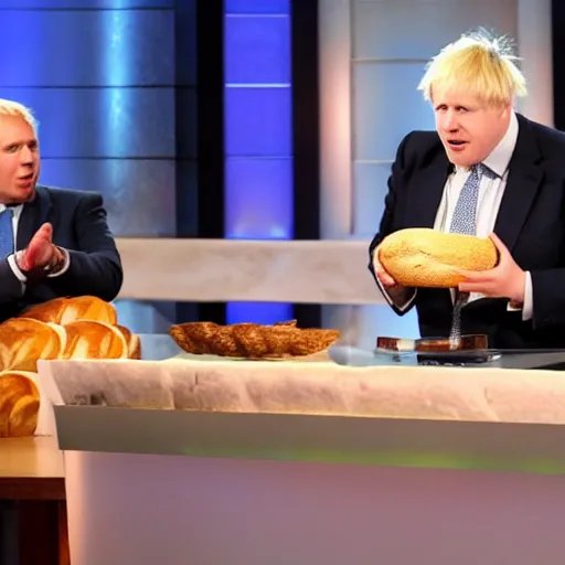 Image similar to Boris Johnson pitching the idea of bread on shark tank