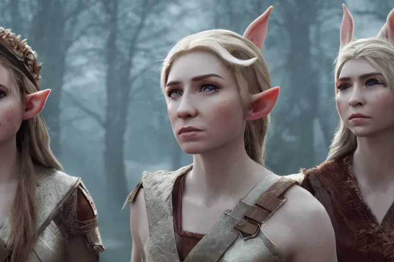 Image similar to a cinematic photograph of three female elf warriors, 8 k, ultra realistic, dramatic lighting, real faces, mist