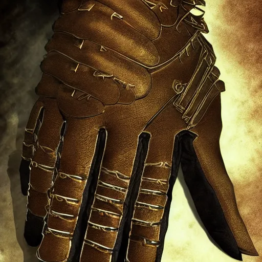 Image similar to metal claws on gloves, old leather gloves with attached talons, pointy fingertips, dark background, highly detailed, 8 k, trending on artstation, mystic, rpg artwork, by peter jackson, by sauron