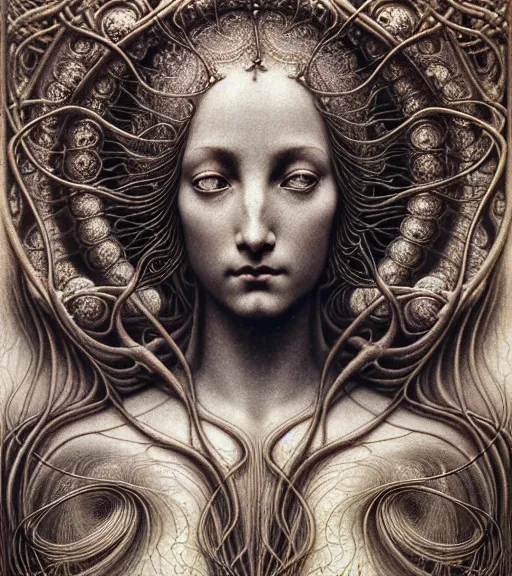 Prompt: detailed realistic beautiful anodized goddess face portrait by jean delville, gustave dore, iris van herpen and marco mazzoni, art forms of nature by ernst haeckel, art nouveau, symbolist, visionary, gothic, neo - gothic, pre - raphaelite, fractal lace, intricate alien botanicals, biodiversity, surreality, hyperdetailed ultrasharp octane render