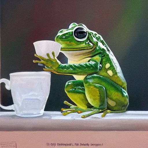 Image similar to 🐸 drinking ☕ by james gurney.