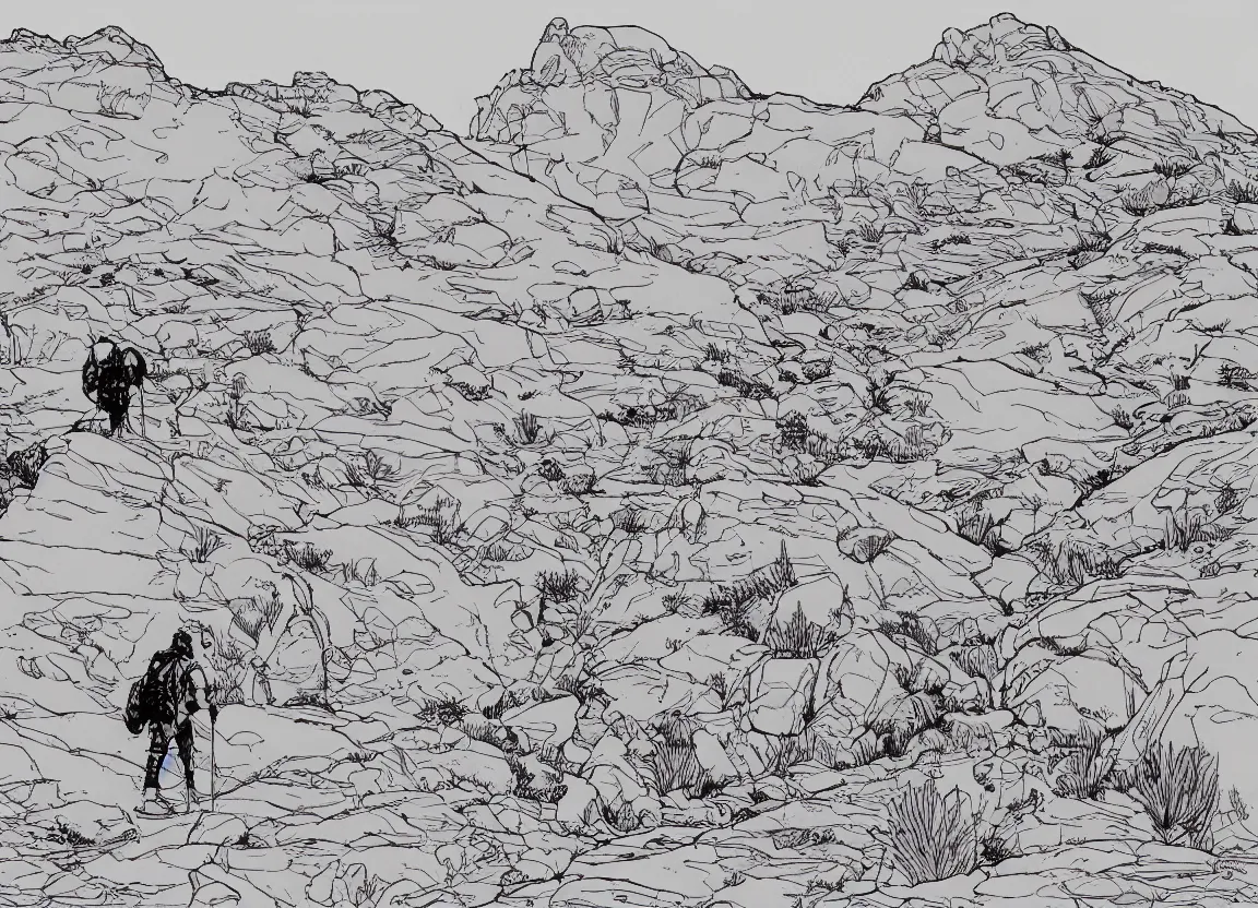 Prompt: backpacking in utah, minimalist line art by moebius, clean long lines, ultra detailed