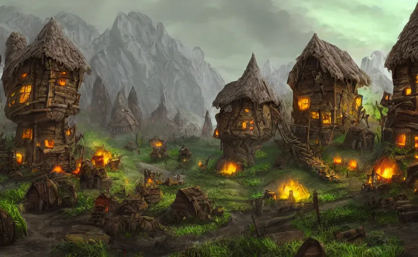 Prompt: A goblin village, mining, 4k UHD, landscape, concept art