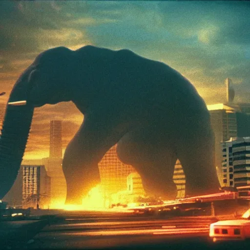 Prompt: giant elephant destroying tokyo in the style of the movie godzilla, cinematic lighting, cinematic framing and shadows 1 9 7 0 s aesthetic