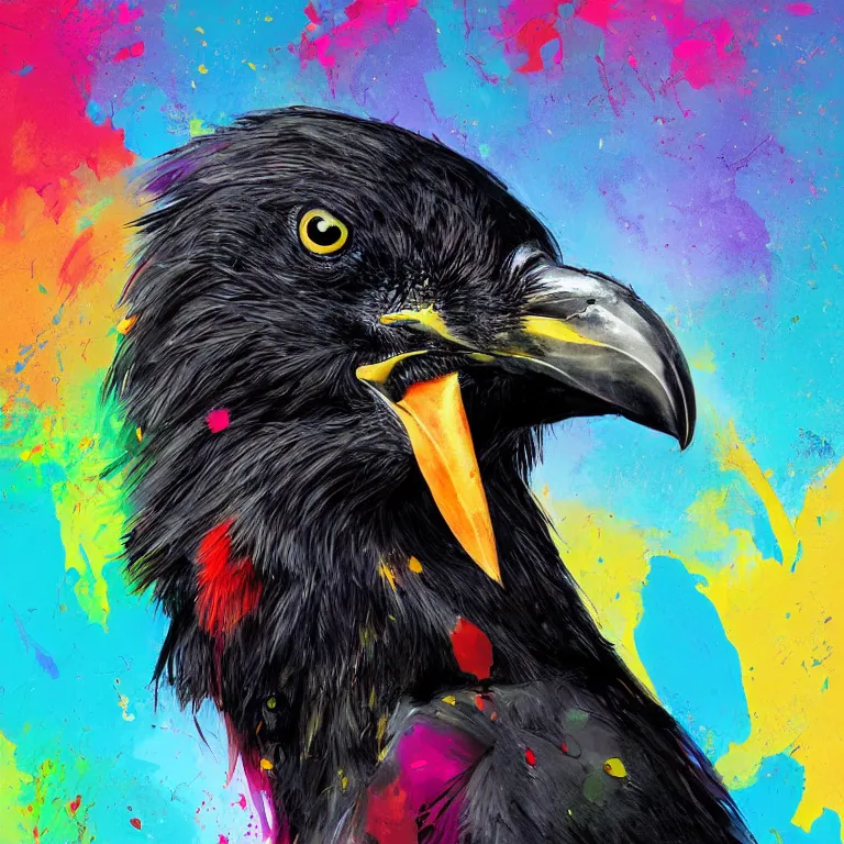 Prompt: colorful illustration of black raven bird, colorful splatters, by andy wrahol and zac retz and kezie demessance